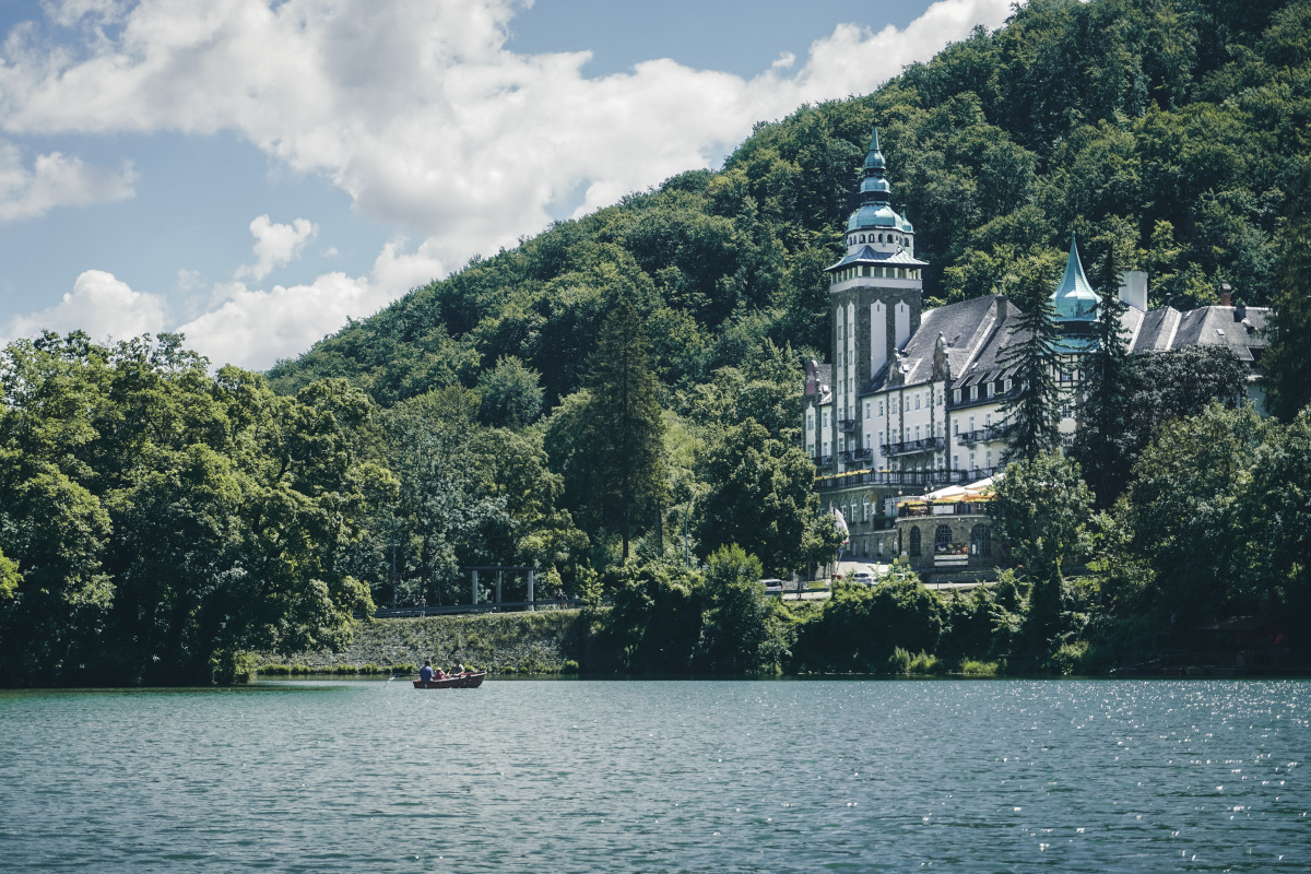 View of the pompous hotel on the lake in Lillafüred