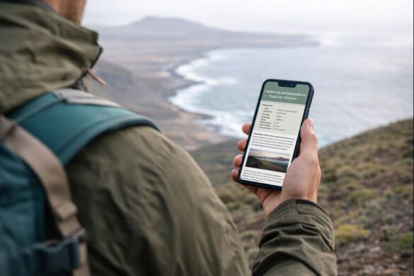 Wanderer nutzt einen digitalen Wanderführer auf dem Smartphone zur Tourenplanung an der Küste.
